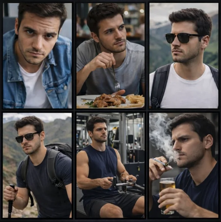Seis fotos de un mismo hombre serio y sin sonreír: selfie muy de cerca, comiendo, con gafas de sol, de excursión, en el gimnasio y fumando.