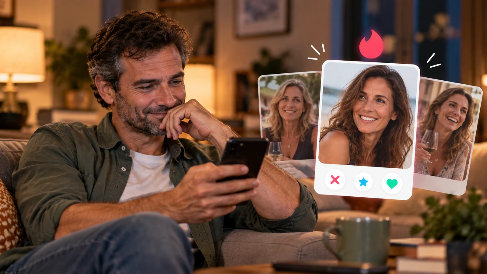 Hombre de mediana edad sentado solo en el sofá del salón, mirando sonriente perfiles de Tinder en su móvil.