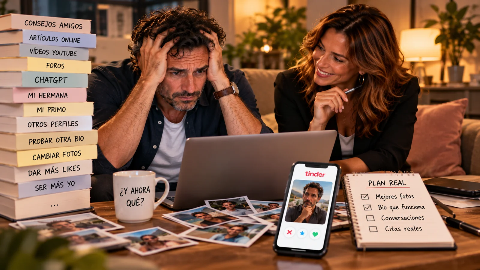 Un hombre de mediana edad se lleva las manos a la cabeza junto a una pila de consejos (amigos, vídeos, ChatGPT, mi hermana, mi primo); a su lado, una mujer le señala un plan sencillo en una libreta: mejores fotos, bio que funciona.