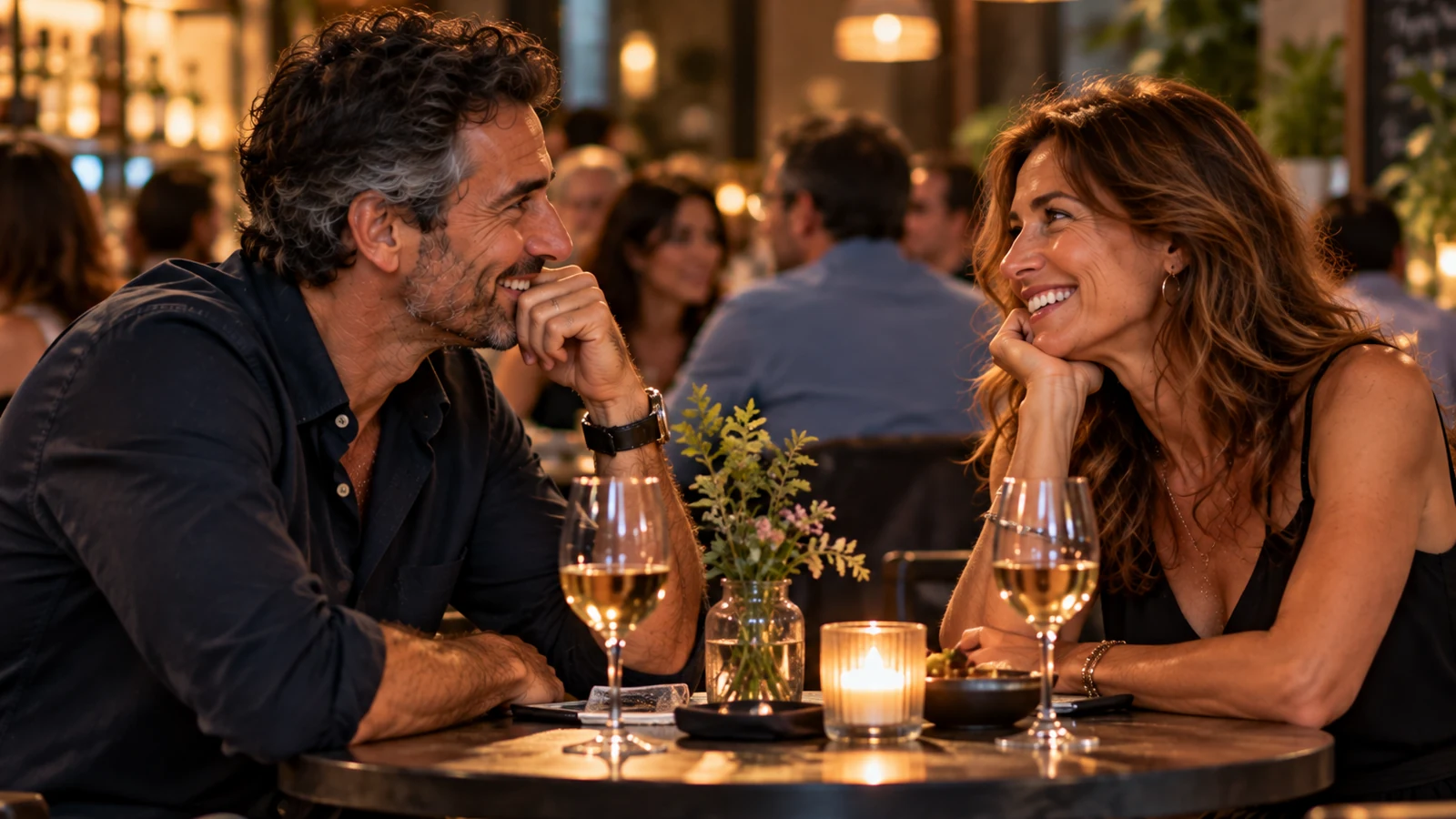 Un hombre y una mujer de mediana edad se sonríen frente a frente en la mesa de un bar, con dos copas de vino blanco y una vela, en una primera cita relajada.