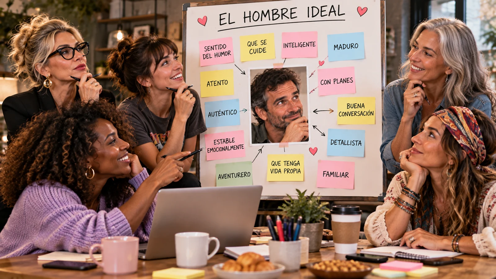 Cinco mujeres de distintas edades, reunidas alrededor de una pizarra titulada «El hombre ideal», rodean la foto de un hombre con notas adhesivas: sentido del humor, atento, auténtico, maduro, con planes, buena conversación.