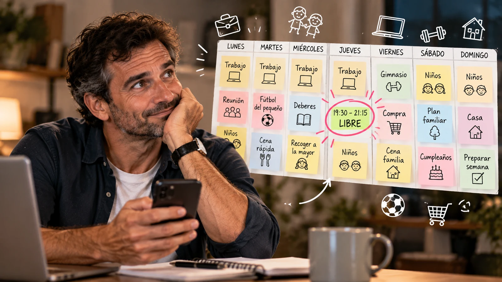 Hombre de mediana edad con el móvil en la mano mira pensativo un calendario semanal lleno de notas (trabajo, niños, fútbol, compra) con un único hueco libre: jueves de 19:30 a 21:15.